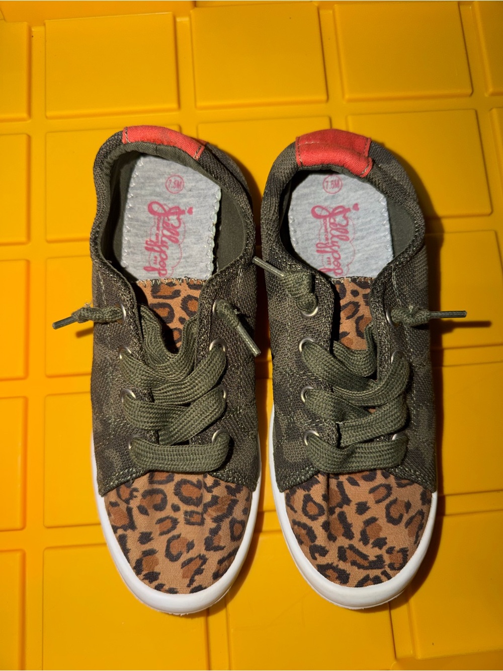 Jellypop Olive Green Sneakers with Leopard Toe and Coral Heel Tab